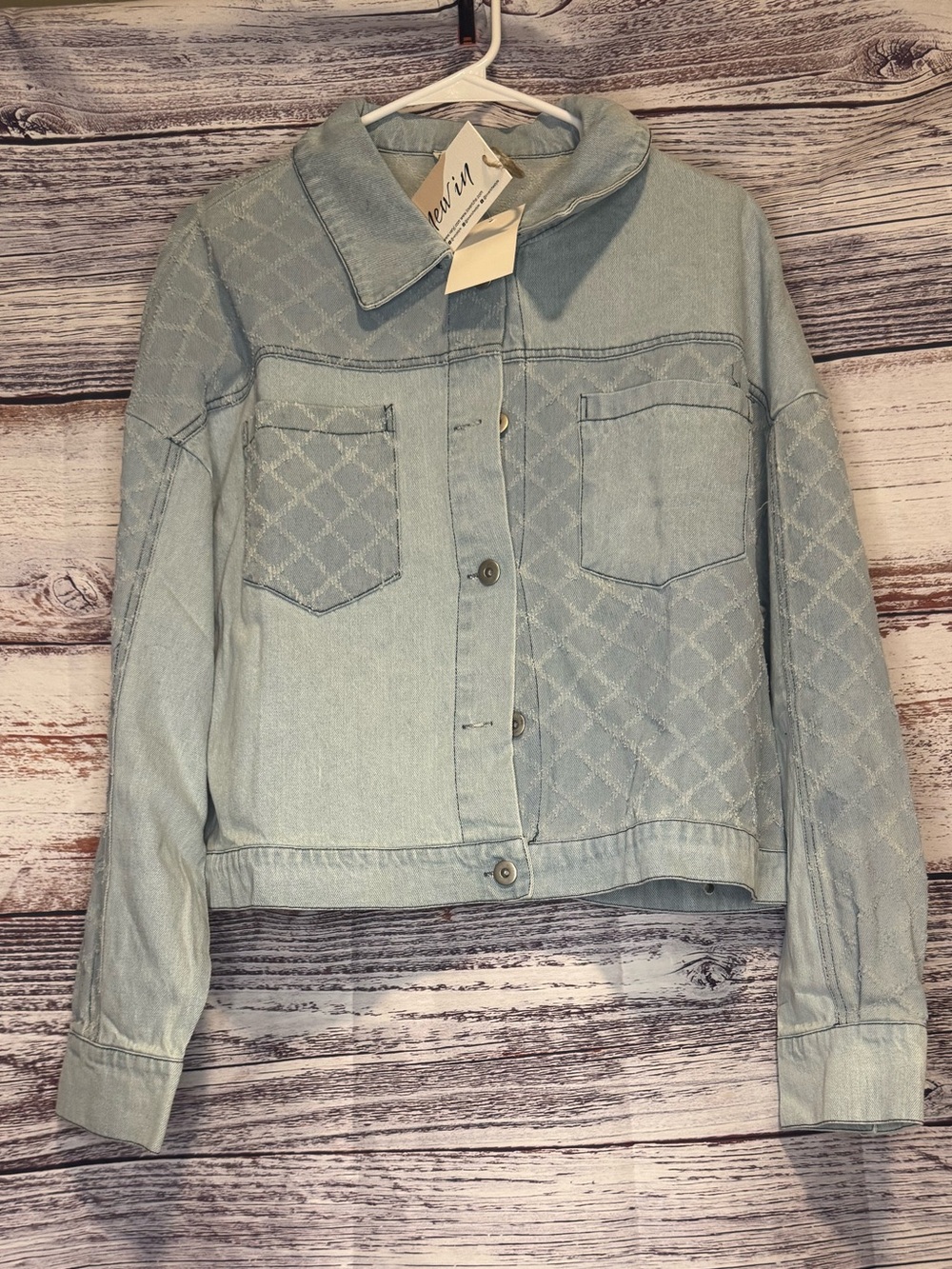 New In diamond lattice patterned denim jacket, large, new